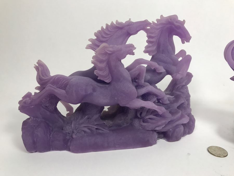 Pair Of Asian Purple Resin Sculpture Figurines Featuring Horses And An Elephant [Photo 4]