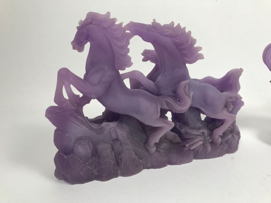 Pair Of Asian Purple Resin Sculpture Figurines Featuring Horses And An Elephant [Photo 6]