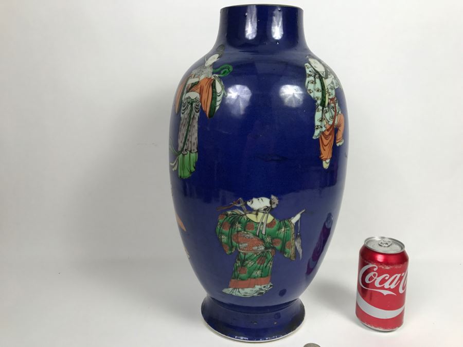 Stunning Asian Antique Tall Blue Porcelain Ginger Jar Vase With Asian Figures Surrounding Vase [Photo 20]