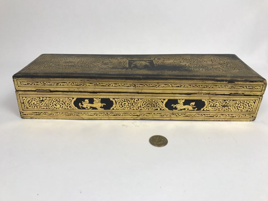 Old Wooden Scroll Storage Box And Gilt Wooden Lacquer Asian Box [Photo 12]