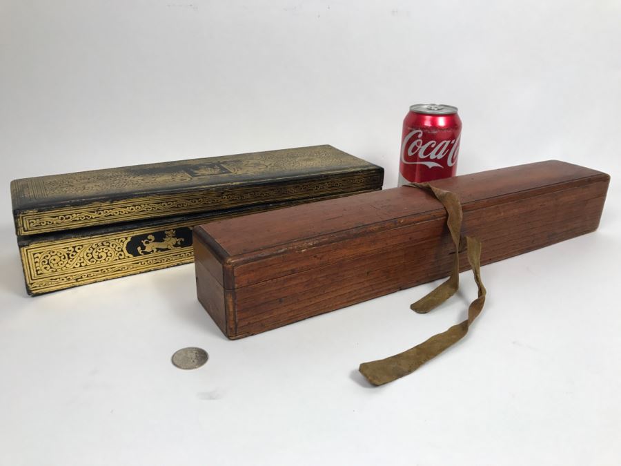 Old Wooden Scroll Storage Box And Gilt Wooden Lacquer Asian Box [Photo 15]