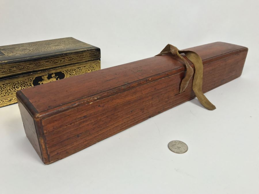 Old Wooden Scroll Storage Box And Gilt Wooden Lacquer Asian Box [Photo 3]