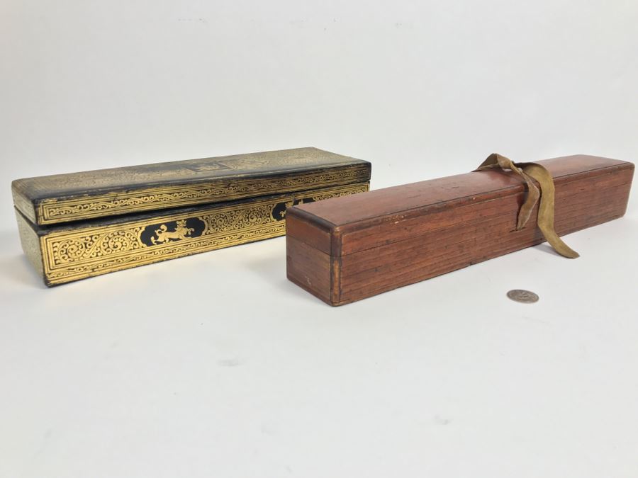 Old Wooden Scroll Storage Box And Gilt Wooden Lacquer Asian Box [Photo 1]