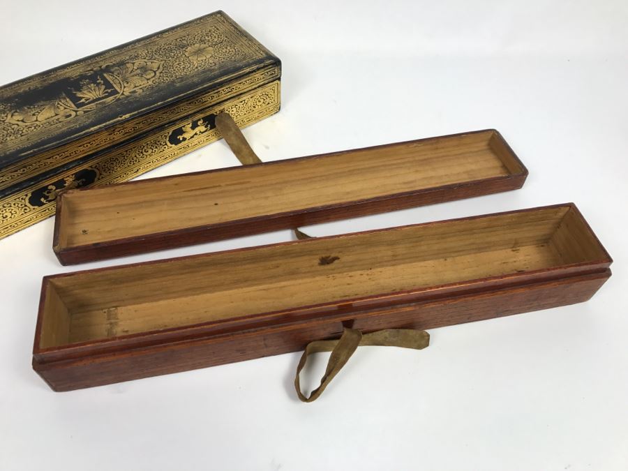 Old Wooden Scroll Storage Box And Gilt Wooden Lacquer Asian Box [Photo 7]