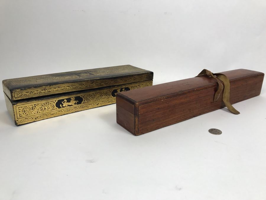 Old Wooden Scroll Storage Box And Gilt Wooden Lacquer Asian Box [Photo 16]