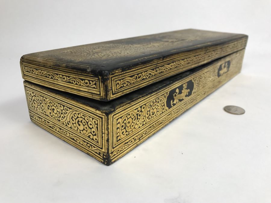 Old Wooden Scroll Storage Box And Gilt Wooden Lacquer Asian Box [Photo 11]