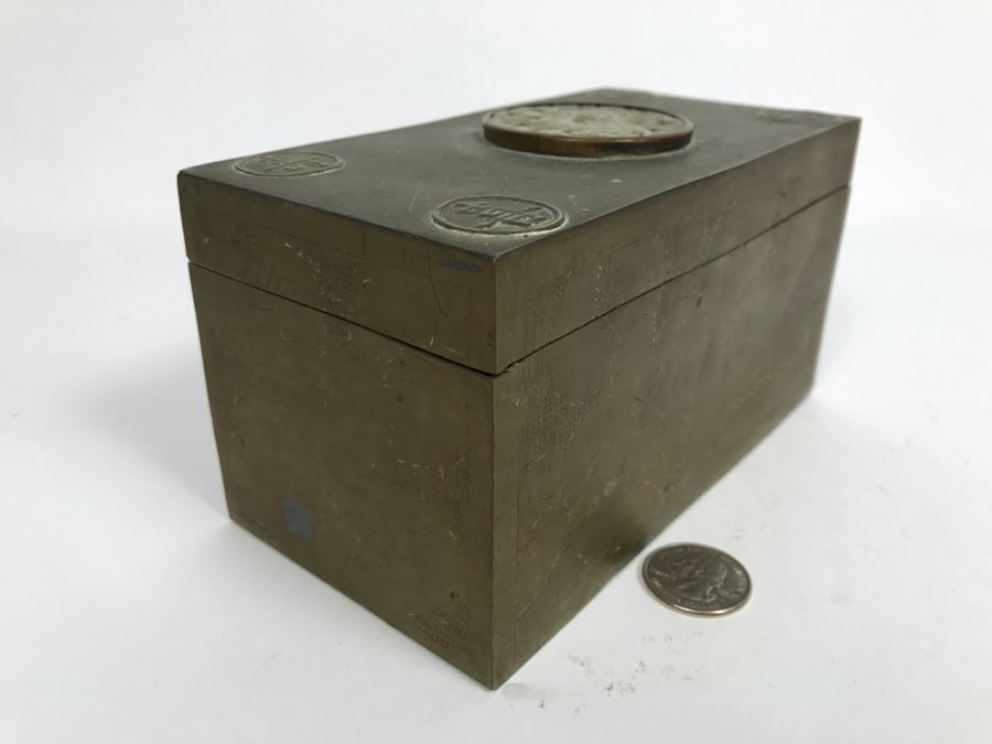 Old Chinese Chased Brass Box With Light Green Carved Stone On Top [Photo 8]