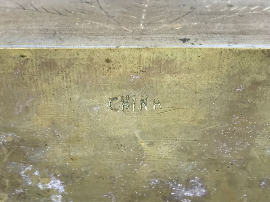 Old Chinese Chased Brass Box With Light Green Carved Stone On Top [Photo 12]