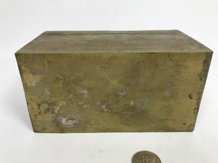 Old Chinese Chased Brass Box With Light Green Carved Stone On Top [Photo 11]
