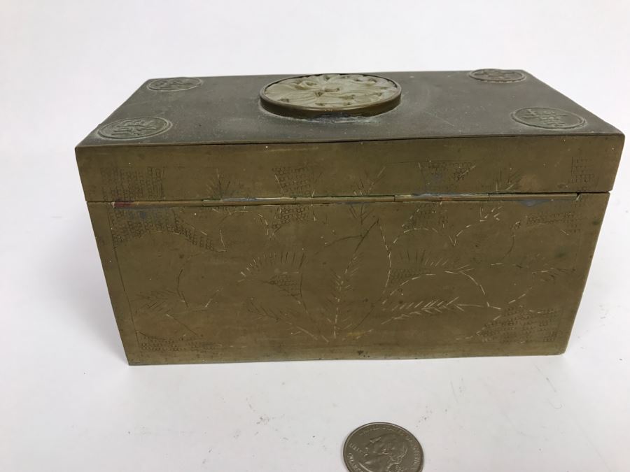 Old Chinese Chased Brass Box With Light Green Carved Stone On Top [Photo 10]