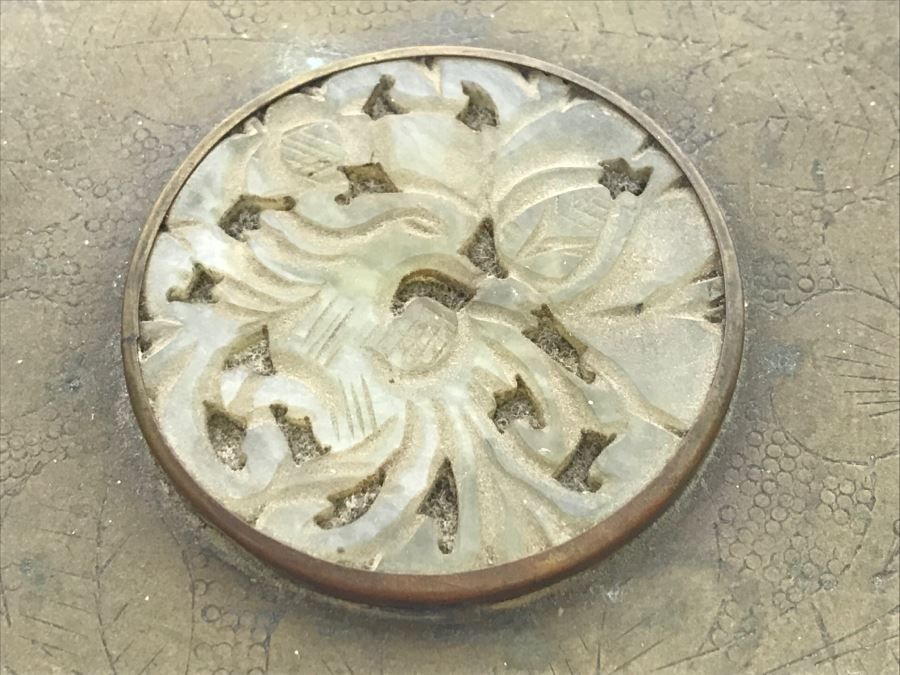 Old Chinese Chased Brass Box With Light Green Carved Stone On Top [Photo 4]