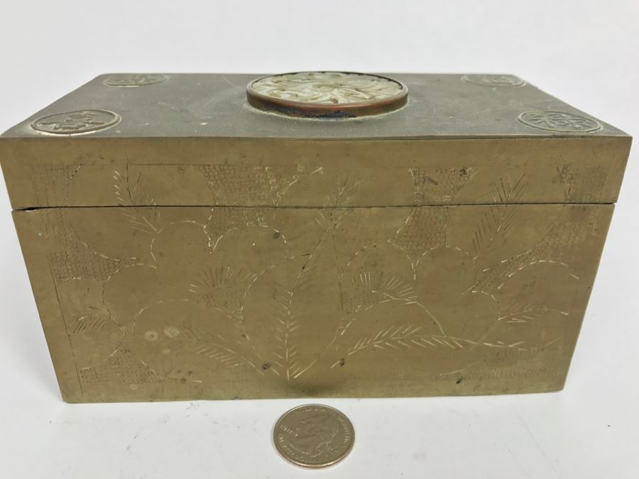Old Chinese Chased Brass Box With Light Green Carved Stone On Top [Photo 7]