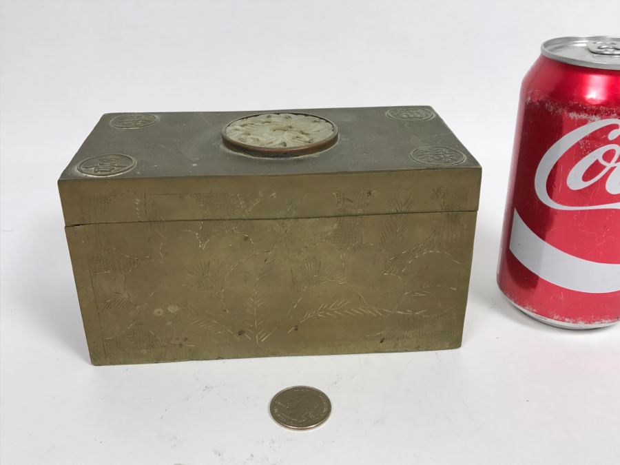 Old Chinese Chased Brass Box With Light Green Carved Stone On Top [Photo 13]