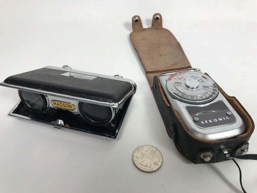 Vintage Portable Folding HADSON Field Opera Binoculars Glasses And SEKONIC Light Meter [Photo 1]