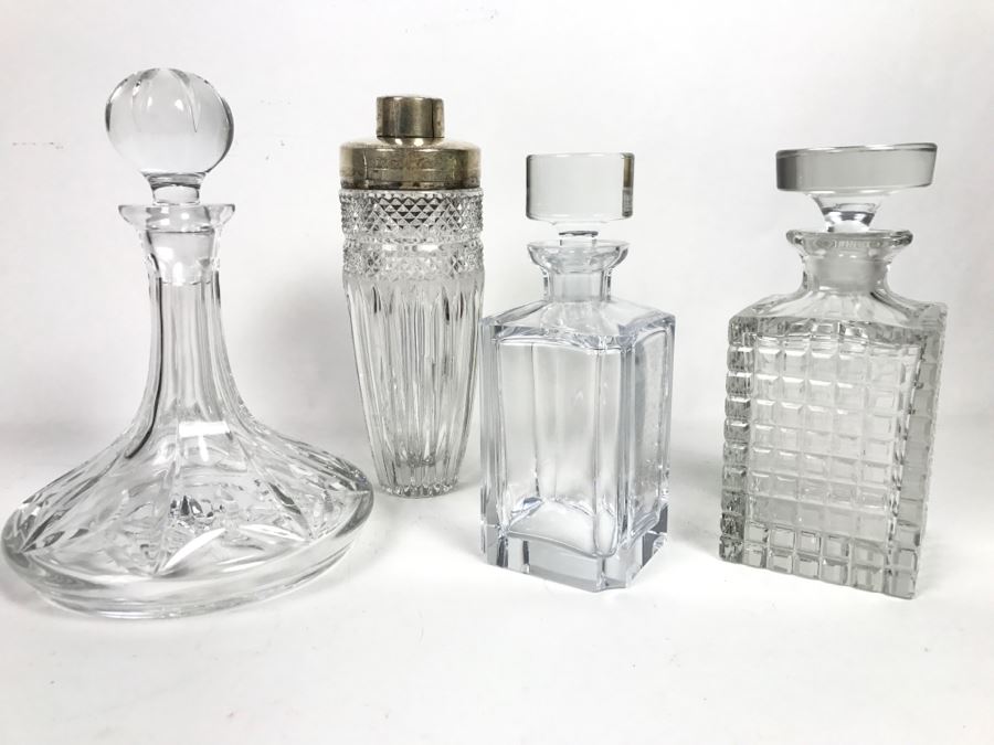 Vintage Crystal Liquor Decanter Lot With Shaker (Shaker Metal Top Has Crack)