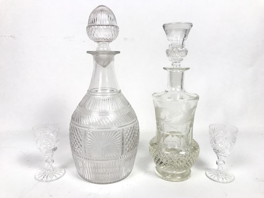 Pair Of Crystal Liquor Decanters With Pair Of Stemware Glasses [Photo 1]