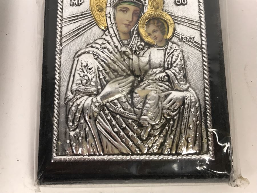 Pair Of Russian Icons - Icon On Left Is 950 Silver Exact Copy Of Byzantine Art [Photo 13]