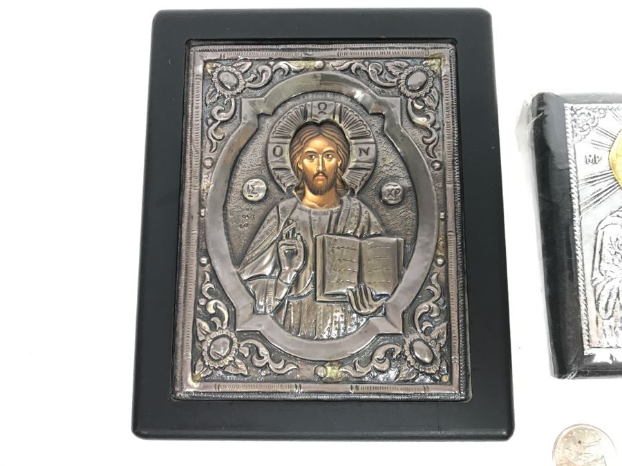 Pair Of Russian Icons - Icon On Left Is 950 Silver Exact Copy Of Byzantine Art [Photo 3]