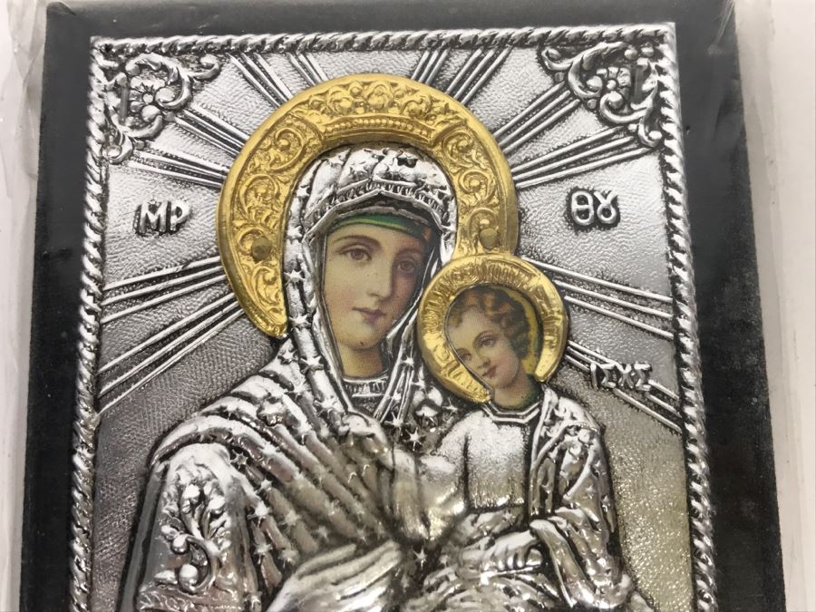 Pair Of Russian Icons - Icon On Left Is 950 Silver Exact Copy Of Byzantine Art [Photo 12]