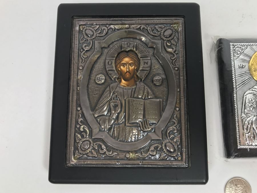 Pair Of Russian Icons - Icon On Left Is 950 Silver Exact Copy Of Byzantine Art [Photo 2]