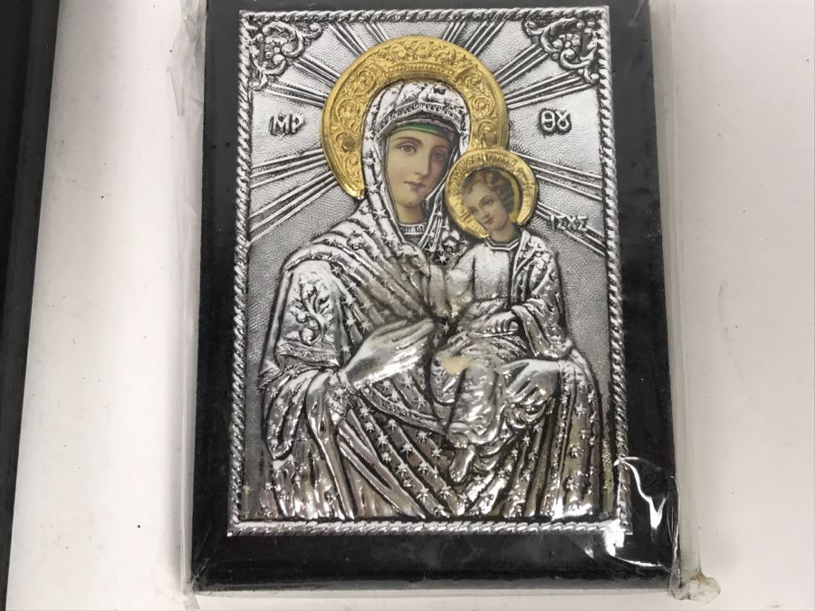 Pair Of Russian Icons - Icon On Left Is 950 Silver Exact Copy Of Byzantine Art [Photo 11]