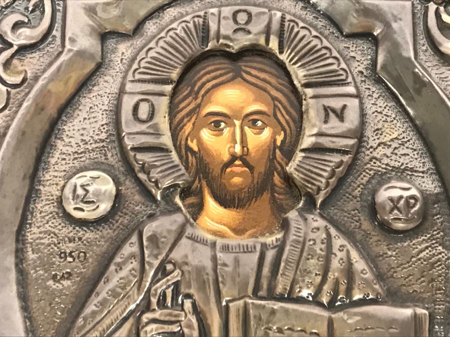 Pair Of Russian Icons - Icon On Left Is 950 Silver Exact Copy Of Byzantine Art [Photo 8]