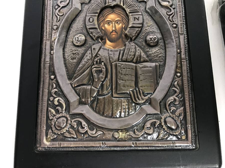 Pair Of Russian Icons - Icon On Left Is 950 Silver Exact Copy Of Byzantine Art [Photo 5]