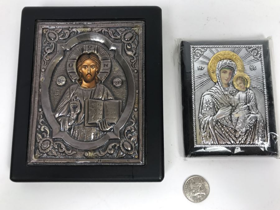 Pair Of Russian Icons - Icon On Left Is 950 Silver Exact Copy Of Byzantine Art
