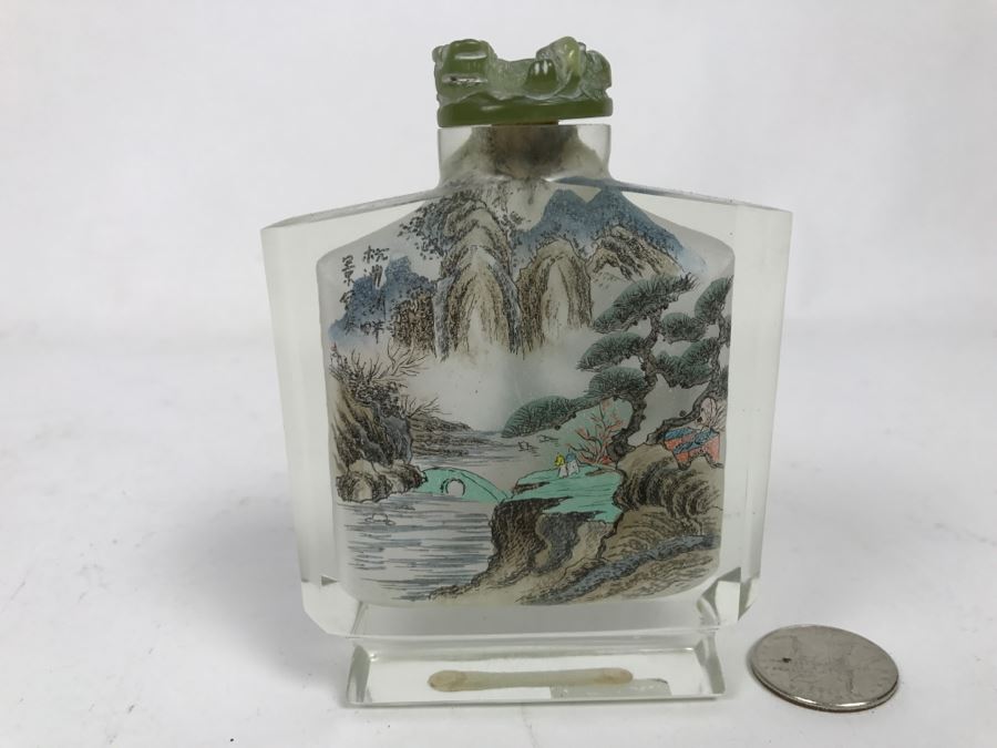 Vintage Signed Asian Snuff Bottle Reverse Painted Landscape Scenes