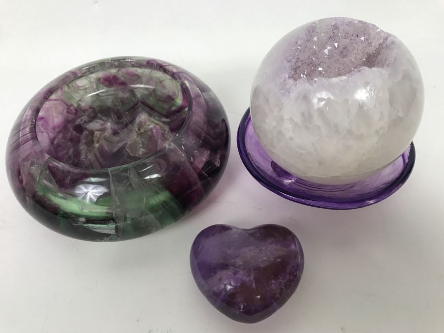 Polished Amethyst Agate Geode Stone, Amethyst Stone Heart And Stone Bowl [Photo 1]