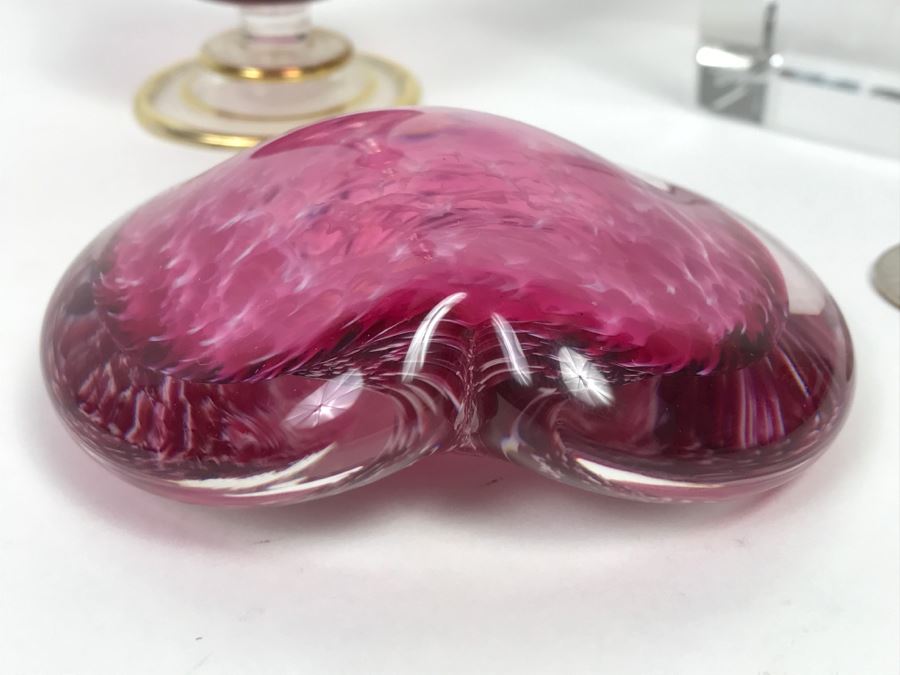 Signed Hot Island Glass Heart Paperweight, Victorian Style Hand Painted Decanter And Signed Laser Etched Crystal Cube Angel [Photo 6]