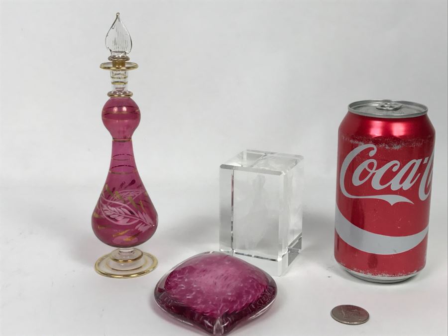 Signed Hot Island Glass Heart Paperweight, Victorian Style Hand Painted Decanter And Signed Laser Etched Crystal Cube Angel [Photo 22]