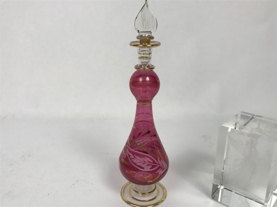 Signed Hot Island Glass Heart Paperweight, Victorian Style Hand Painted Decanter And Signed Laser Etched Crystal Cube Angel [Photo 11]