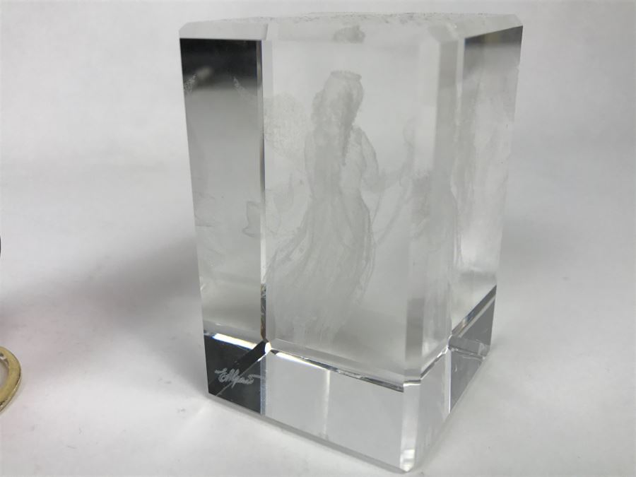 Signed Hot Island Glass Heart Paperweight, Victorian Style Hand Painted Decanter And Signed Laser Etched Crystal Cube Angel [Photo 14]