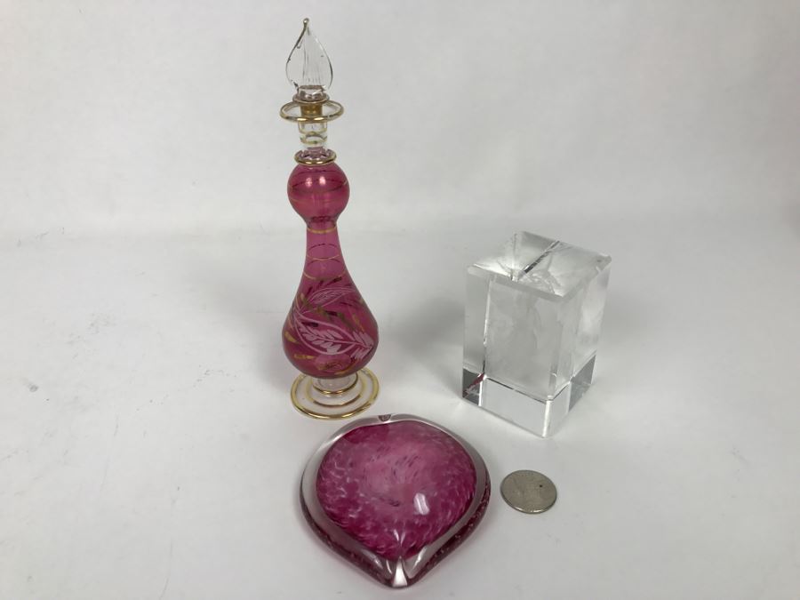 Signed Hot Island Glass Heart Paperweight, Victorian Style Hand Painted Decanter And Signed Laser Etched Crystal Cube Angel [Photo 2]