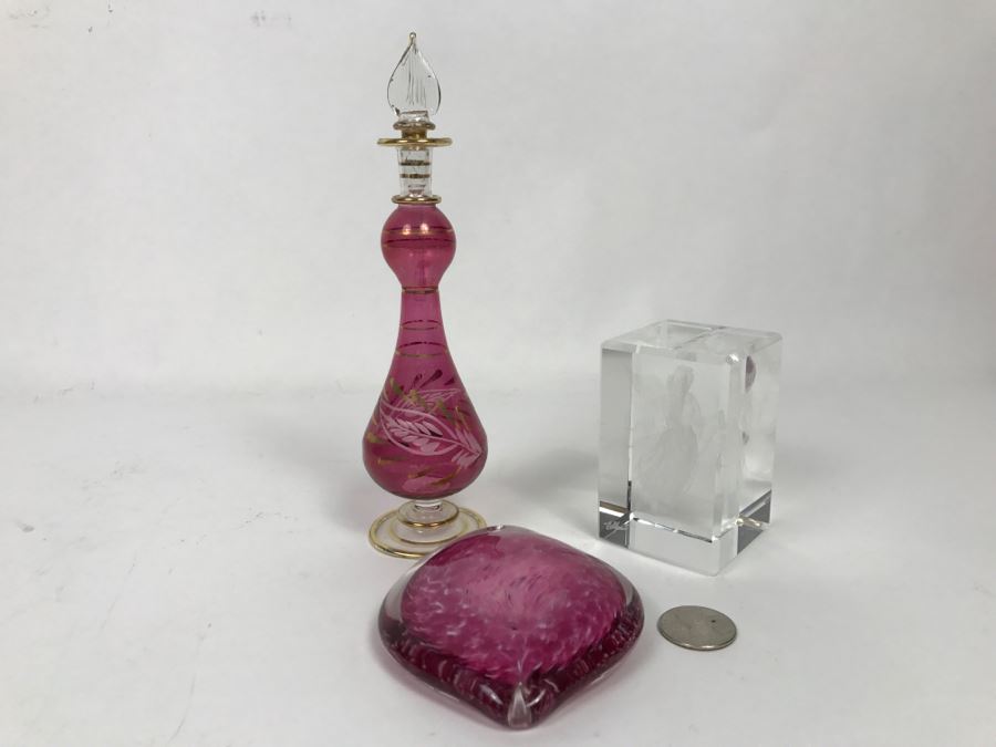 Signed Hot Island Glass Heart Paperweight, Victorian Style Hand Painted Decanter And Signed Laser Etched Crystal Cube Angel [Photo 1]
