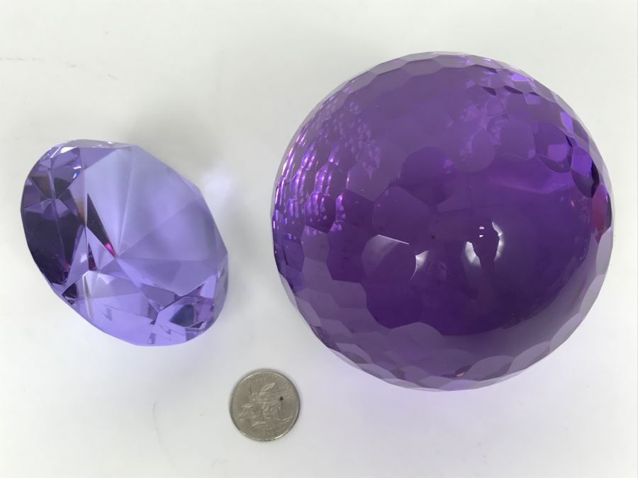 Pair Of Purple Cut Glass Faceted Decorative Paperweights [Photo 6]
