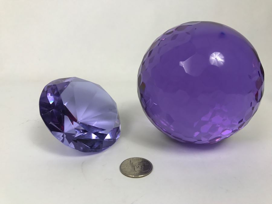 Pair Of Purple Cut Glass Faceted Decorative Paperweights [Photo 7]
