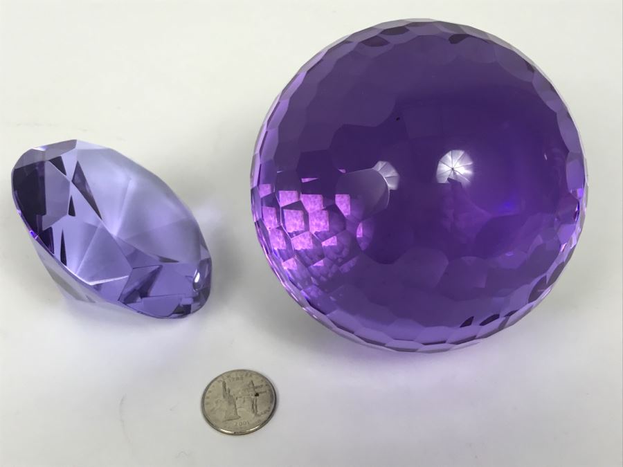 Pair Of Purple Cut Glass Faceted Decorative Paperweights [Photo 3]