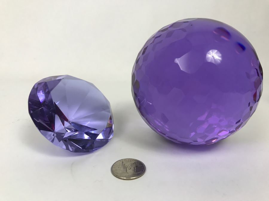 Pair Of Purple Cut Glass Faceted Decorative Paperweights [Photo 8]