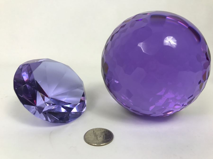 Pair Of Purple Cut Glass Faceted Decorative Paperweights