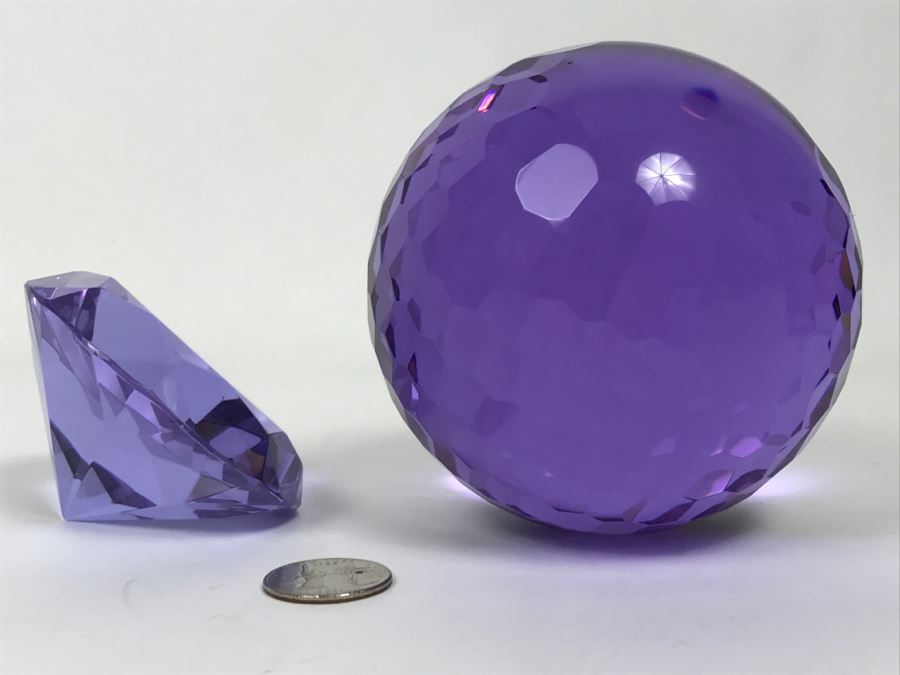 Pair Of Purple Cut Glass Faceted Decorative Paperweights [Photo 5]