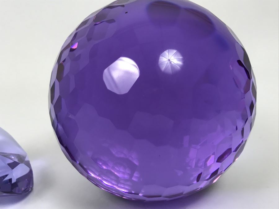 Pair Of Purple Cut Glass Faceted Decorative Paperweights