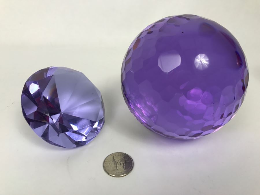 Pair Of Purple Cut Glass Faceted Decorative Paperweights [Photo 9]