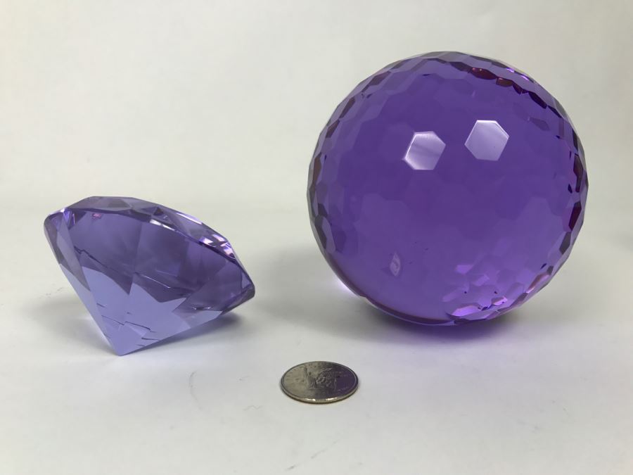 Pair Of Purple Cut Glass Faceted Decorative Paperweights [Photo 11]