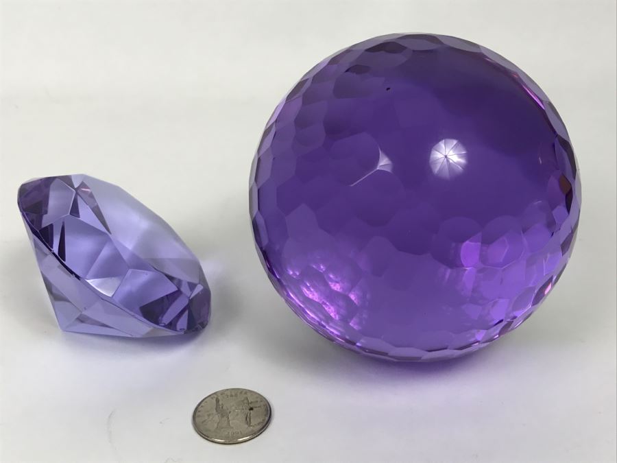 Pair Of Purple Cut Glass Faceted Decorative Paperweights [Photo 1]