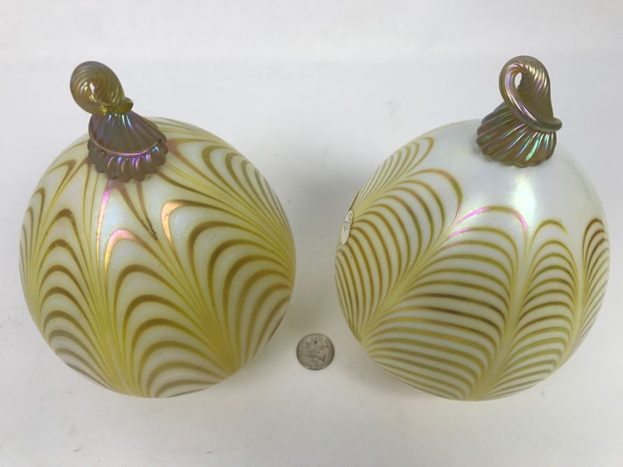 Vintage Pair Of Hand Painted Art Glass Light Shades Signed On Rim Signature Illegible [Photo 5]