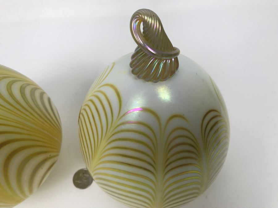 Vintage Pair Of Hand Painted Art Glass Light Shades Signed On Rim Signature Illegible [Photo 6]