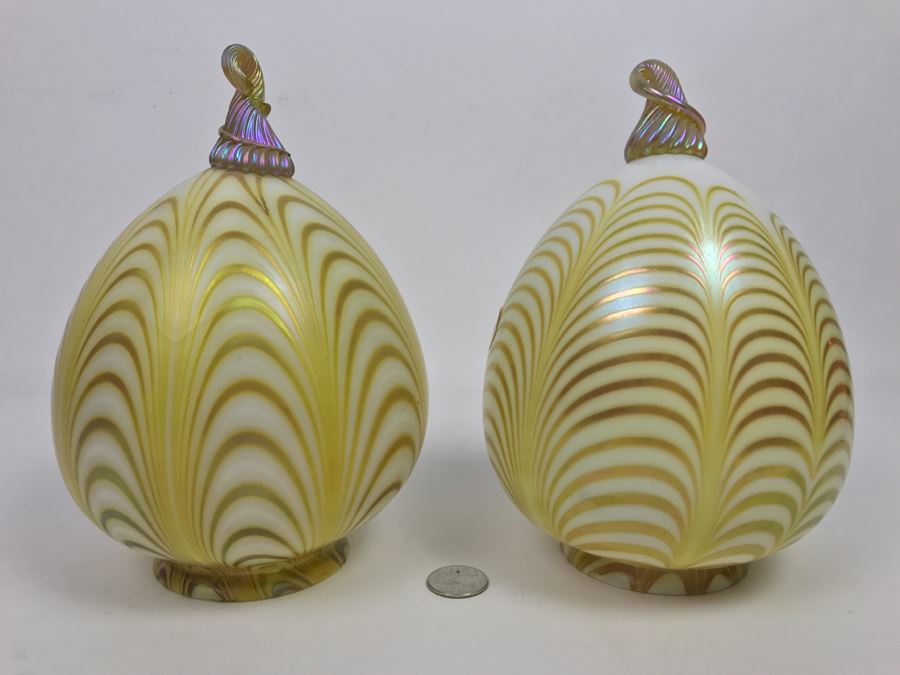 Vintage Pair Of Hand Painted Art Glass Light Shades Signed On Rim Signature Illegible [Photo 3]