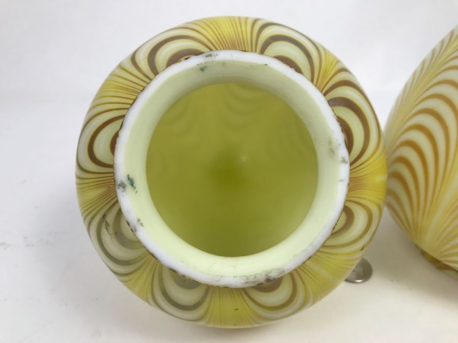 Vintage Pair Of Hand Painted Art Glass Light Shades Signed On Rim Signature Illegible [Photo 9]